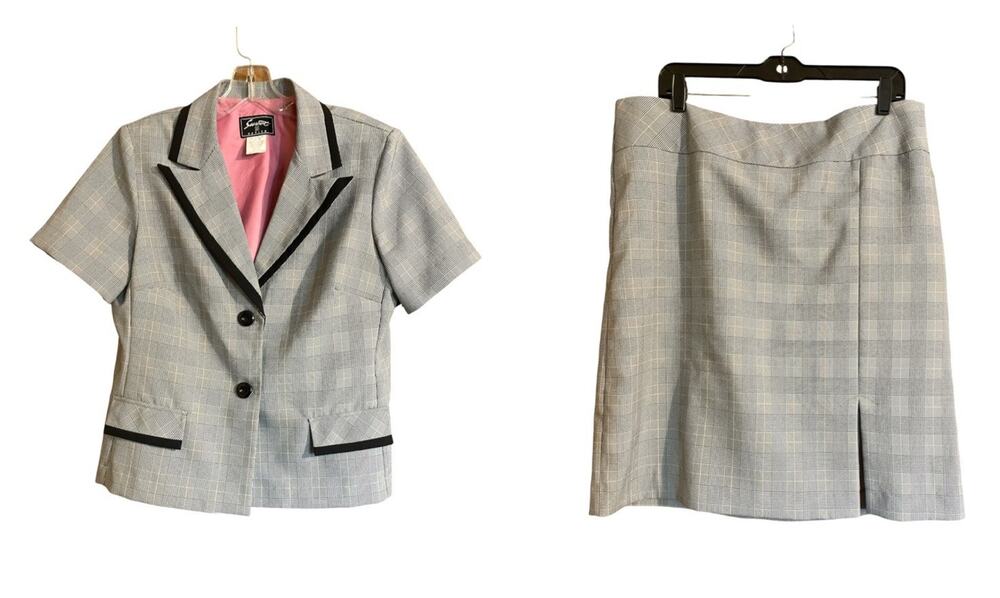Vintage Sweet Petite Suit 2 Piece Skirt Gray Plaid Jacket Blazer Women’s 14P